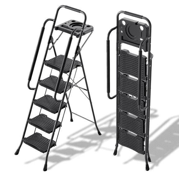LIFERECORD 5 Step Ladder with Tool Tray, 900 lbs Capacity Heavy Duty Folding Steel Ladder, Wide Anti-Slip Pedals & Handrail for Adults, Home Garage Workshop Outdoor Painting