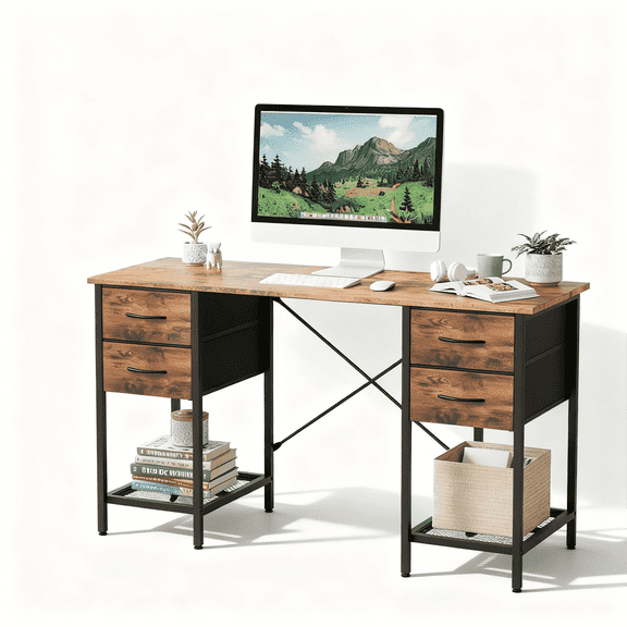 LIFERECORD 55 Inch Computer Desk with 4 Drawers & Mesh Shelf, Rustic Brown Office Desk