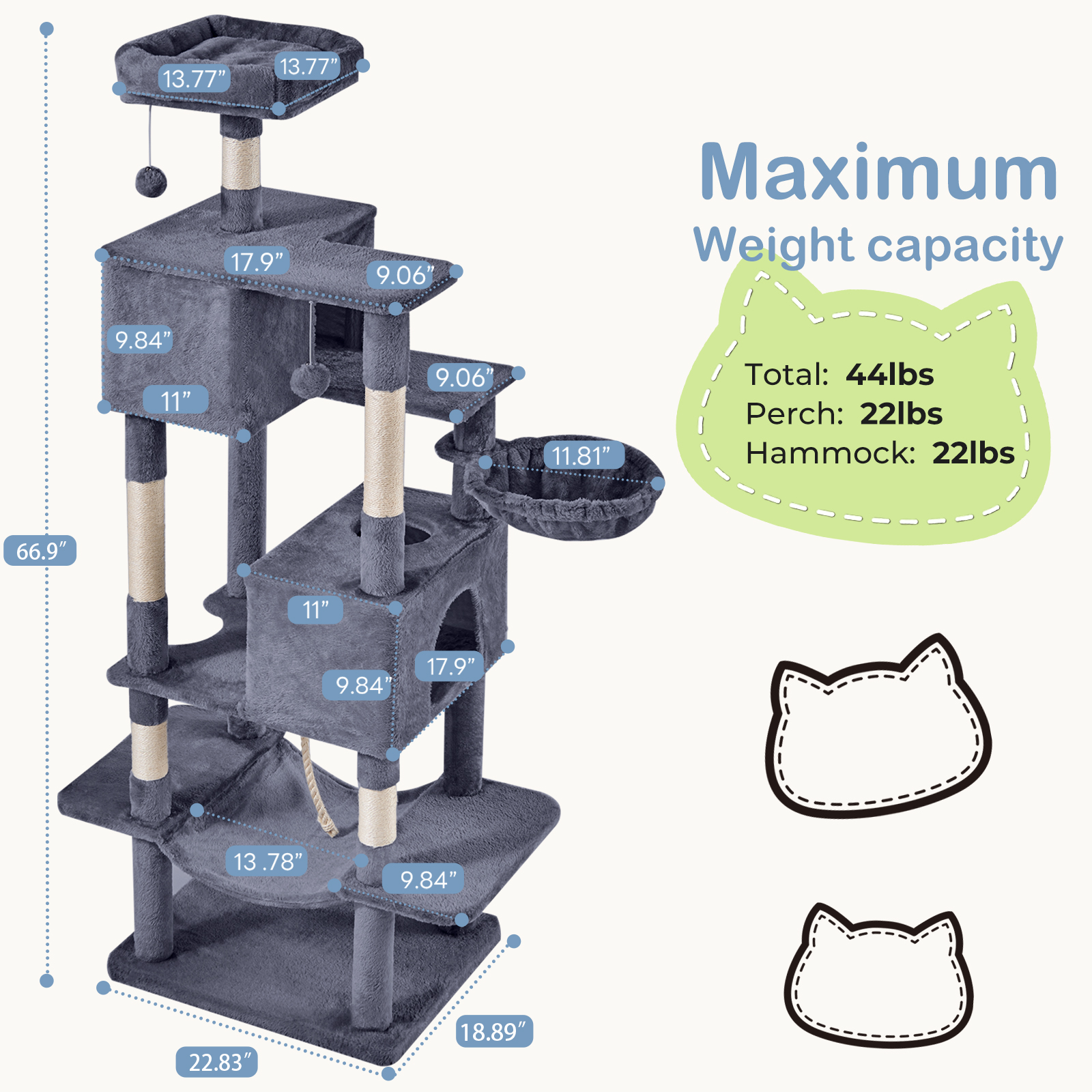 LIFERECORD 66in Multi Level Cat Tree Tower,Cat Scratching Posts with Large Top Perch and Hammock,Gray