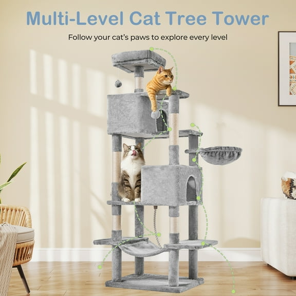 LIFERECORD 66in Multi Level Cat Tree Tower with Scratching Posts Large Top Perch Hammock Light Gray