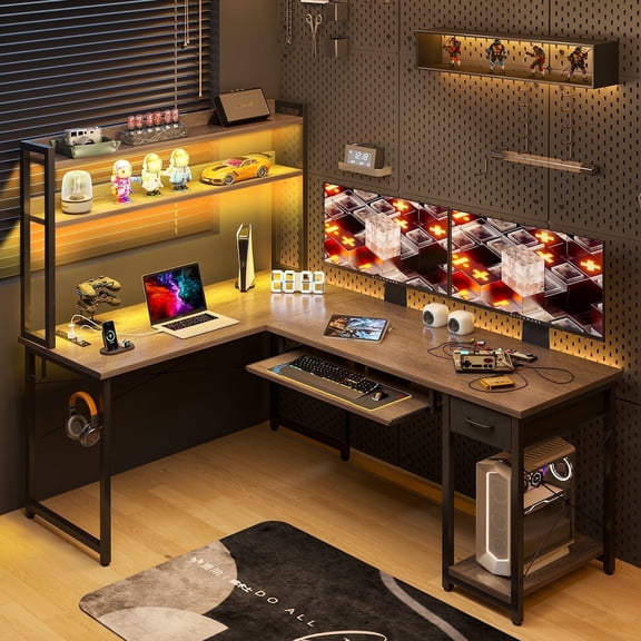 LIFERECORD 67" Reversible L-Shaped Desk with LED Lights Power Outlets Drawer Keyboard Tray Hutch Black