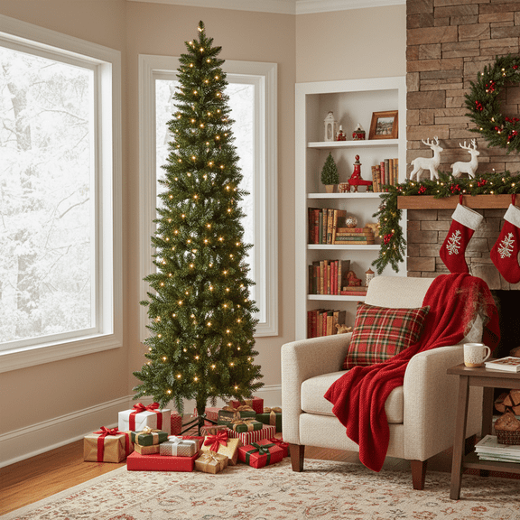 LIFERECORD 7.5ft Prelit Artificial Hinged Slim Pencil Christmas Tree with 350 Lights, 860 Full Branch Tips, 8 Warm Lingting Motes Perfect Decoration for Xmas Holiday, Green