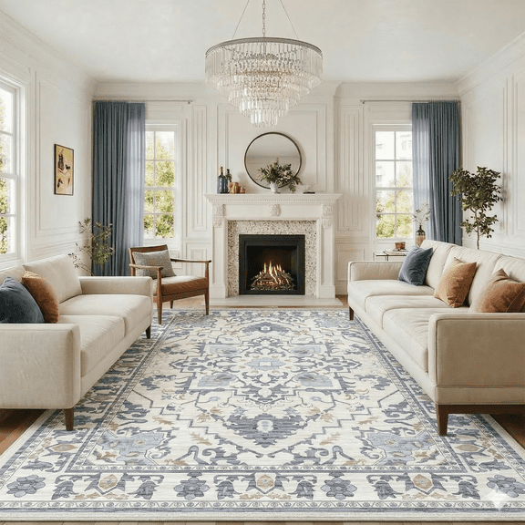 LIFERECORD 8x10ft Washable Area Rug with Non-Slip Backing, Low-Pile Vintage Area Rugs for Living Room, Bedroom, Kitchen, Machine Washable Non Skid Floor Carpet Indoor