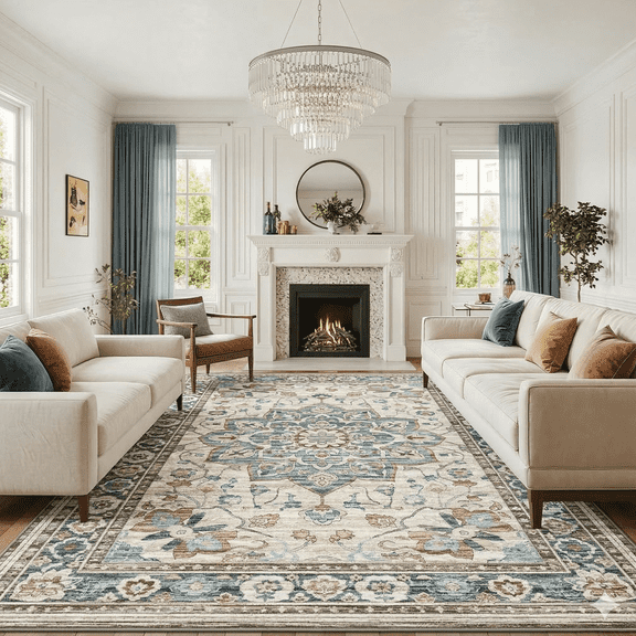 LIFERECORD 9x12ft Boho Area Rug Washable Non-Slip, Modern Geometric Neutral Vintage Low-Pile Carpet for Living Room, Bedroom, Dining Room, Kitchen