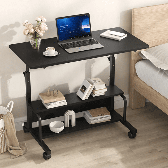LIFERECORD Adjustable Height Standing Desk 31.5", Portable Rolling Desk on Wheels, Mobile Computer Desk with Lockable Wheels & 2-Tier Storage for Small Spaces Home Office