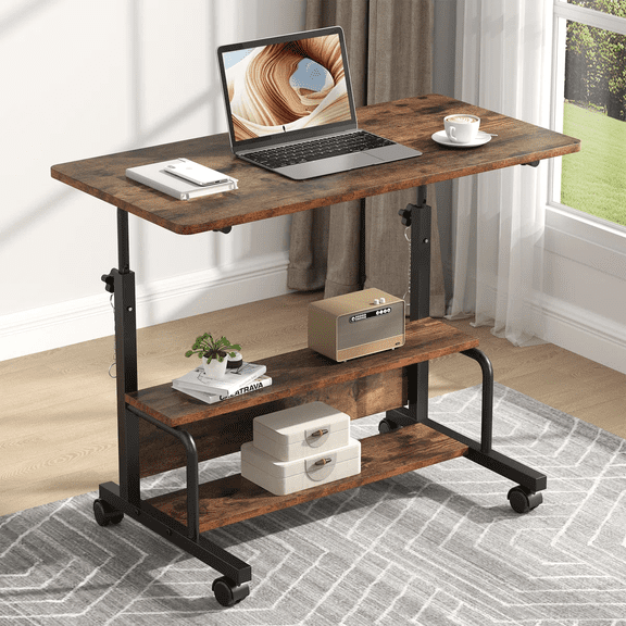 LIFERECORD Adjustable Height Standing Desk 31.5", Portable Rolling Desk on Wheels, Mobile Computer Desk with Lockable Wheels & 2-Tier Storage for Small Spaces Home Office