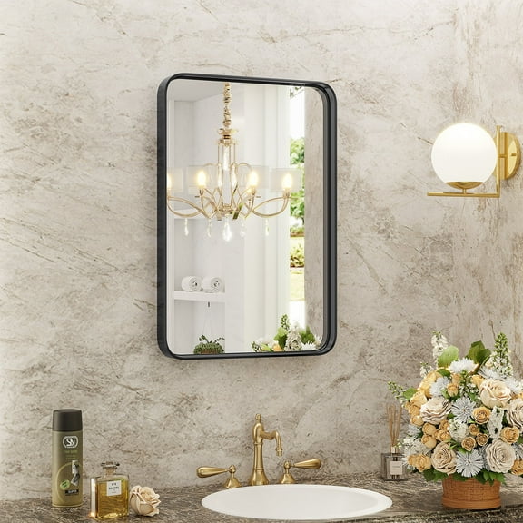 LIFERECORD Bathroom Mirror, Matte Black Metal Framed Rounded Rectangle Wall Mounted Vanity Mirror, Farmhouse Bathroom Decor, Anti-Rust, Horizontal or Vertical Hanging, 22x30 Inch