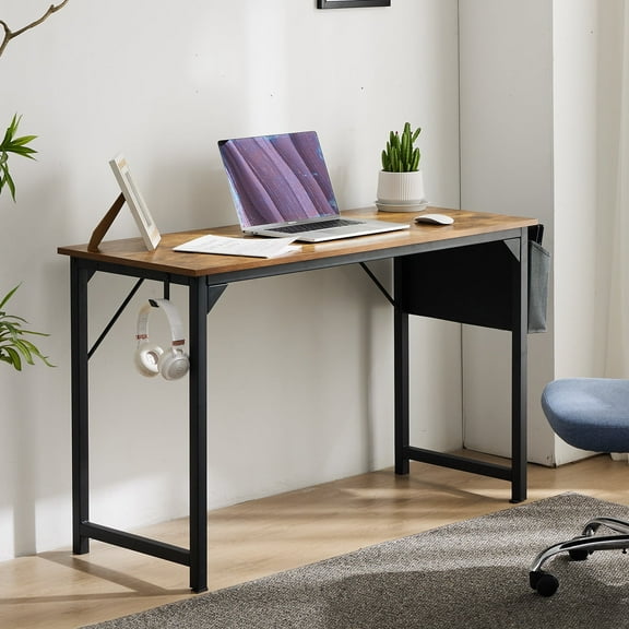 LIFERECORD Computer Desk 47 Inch with Storage Bag and Iron Hooks Rustic Brown