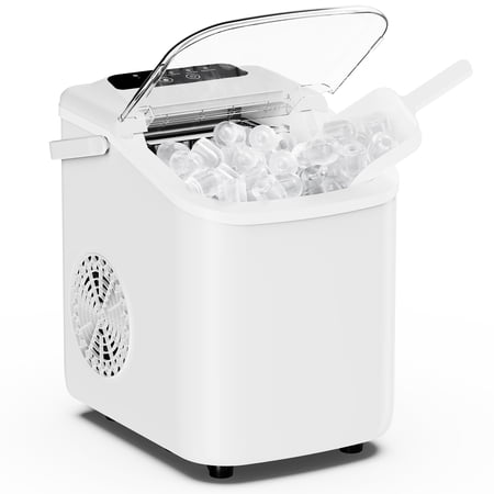 LIFERECORD Countertop Ice Maker, Self-Cleaning Portable Ice Maker with Handle, 9 Cubes/6Mins, 26.5Lbs/24H, 2 Ice Sizes, Includes Ice Scoop and Basket, Compact for Home/Office/Bar, White