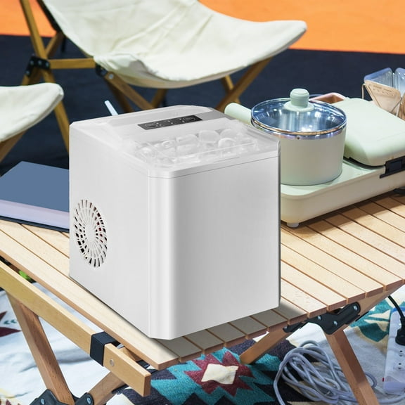 LIFERECORD Countertop Ice Maker, Self-Cleaning Portable Ice Maker with Handle, 9 Cubes/6Mins, 26.5Lbs/24H, 2 Ice Sizes, Includes Ice Scoop and Basket, Compact for Home/Office/Bar, White