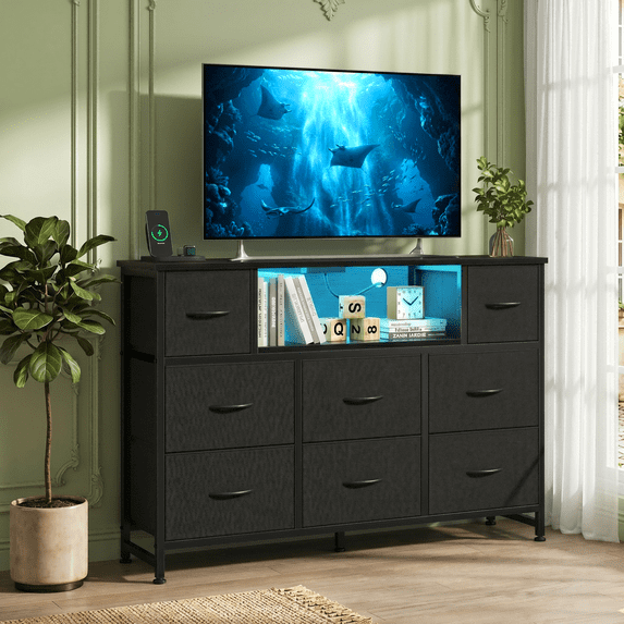 LIFERECORD Dresser TV Stand for 45-55 Inch, Chest of Drawers with LED Lights & USB Ports, Entertainment Center with Charging Station, Wood Top Media Console for Bedroom