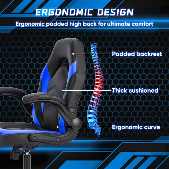 LIFERECORD Ergonomic Gaming Office Chair Adjustable Swivel PU Leather Racing Chair with Flip-up Armrest Black Blue