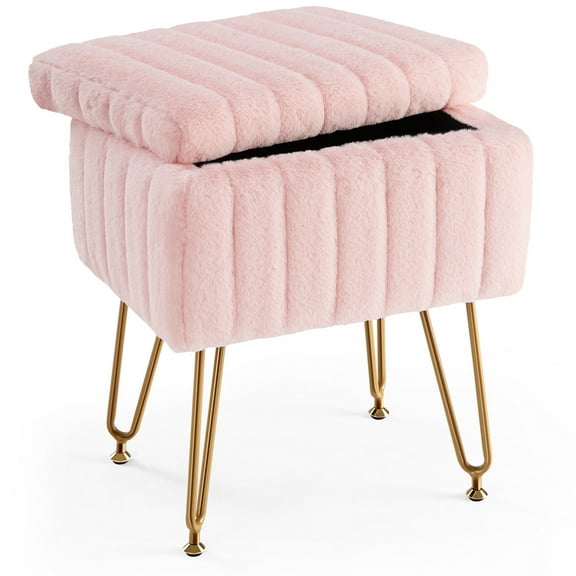 LIFERECORD Faux Fur Vanity Stool with Hidden Storage | Plush Swivel Makeup Seat & Ottoman Footrest for Bedroom & Entryway, Pink