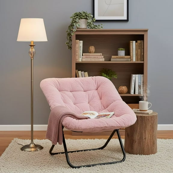 LIFERECORD Foldable Faux Fur Lounge Saucer Chair, Comfy Adults Soft Reading Chair for Bedroom, Pink