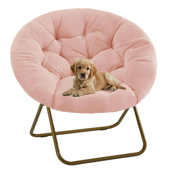 LIFERECORD Folding Faux Fur Saucer Chair - Ultra Soft Moon Chair for Bedroom, Living Room, Dorm - 225 lbs Capacity, Portable & Space Saving, Pink