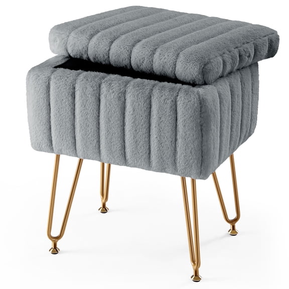 LIFERECORD Footstools Ottoman Storage Bench, Vanity Faux Fur Padded Chair with Storage Adjustable Feet, Grey