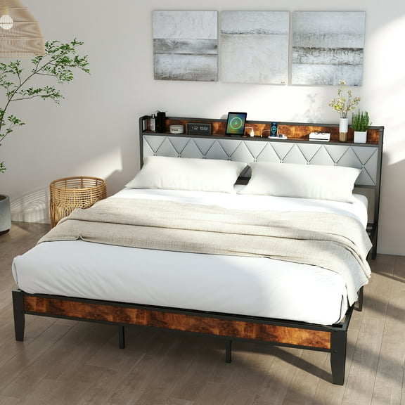 LIFERECORD Full Bed Frame with Storage Headboard & USB Charging | Squeak-Free Platform, No-Tool Assembly, No Box Spring Needed