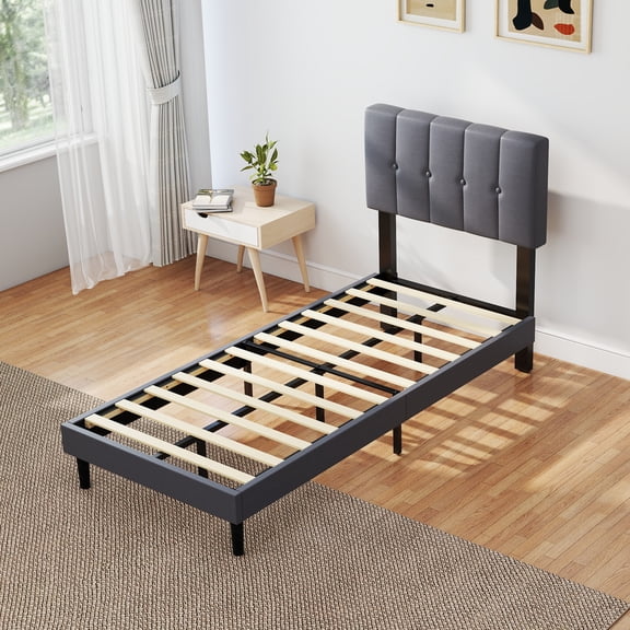 LIFERECORD Grey Soft-Padded Bed, Grey Linen Sponge, Metal Frame, Twin