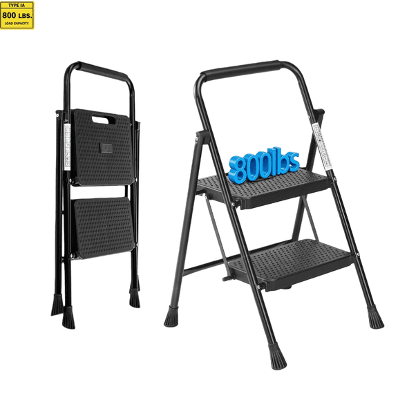Heavy Duty 800lbs 2-Step Folding Ladder, Sturdy Steel Step Stool with Wide Anti-Slip Pedals, Lightweight Portable Ladder for Home, Kitchen, Garage