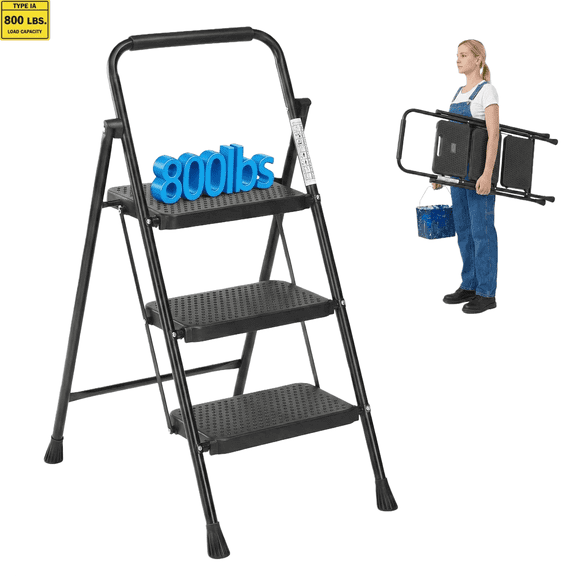Heavy Duty 800lbs 3-Step Folding Ladder, Sturdy Steel Step Stool with Wide Anti-Slip Pedals, Lightweight Portable Ladder for Home, Kitchen, Garage