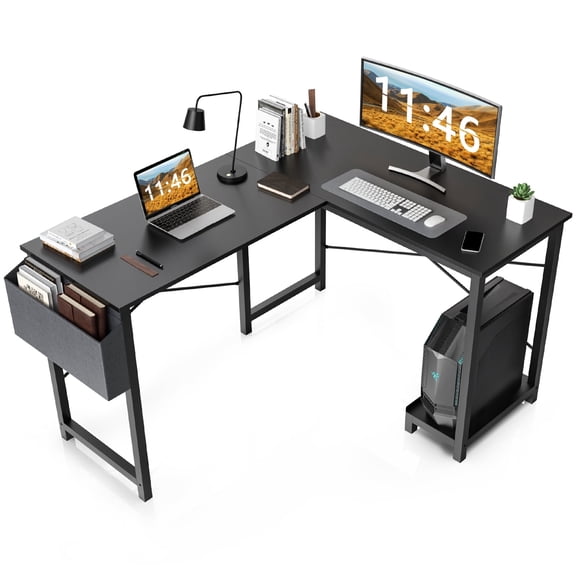 LIFERECORD L Shaped Computer Desk with Wooden Desktop CPU Stand Side Bag Reversible, Black