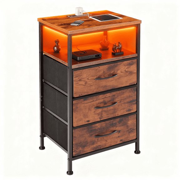 LIFERECORD LED Nightstand with Charging Station, 3 Fabric Drawers Bedside Table with USB/Type-C Ports & Outlets, Smart Storage for Small Spaces, App Controlled Color Changing Light Strip for Bedroom