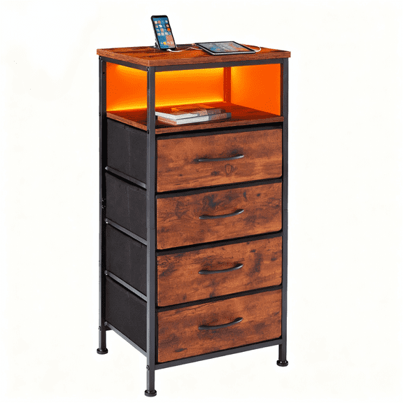LIFERECORD LED Nightstand with Charging Station, 4 Fabric Drawers Bedside Table with USB/Type-C Ports & Outlets, Smart Storage for Small Spaces, App Controlled Color Changing Light Strip for Bedroom