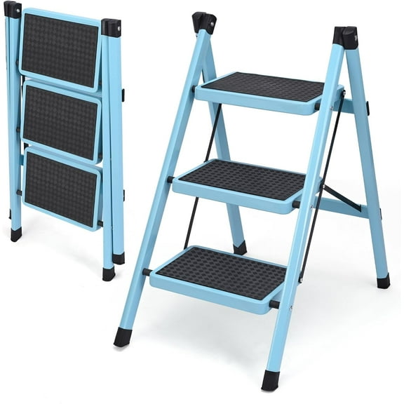 LIFERECORD Ladder 3 Fold Step Stool Non-Slip Pedals Handrails 800 lbs Capacity Sturdy Steel Portable Blue