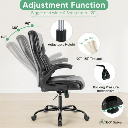 LIFERECORD Leather Office Chair with Flip-Up Armrests, Black