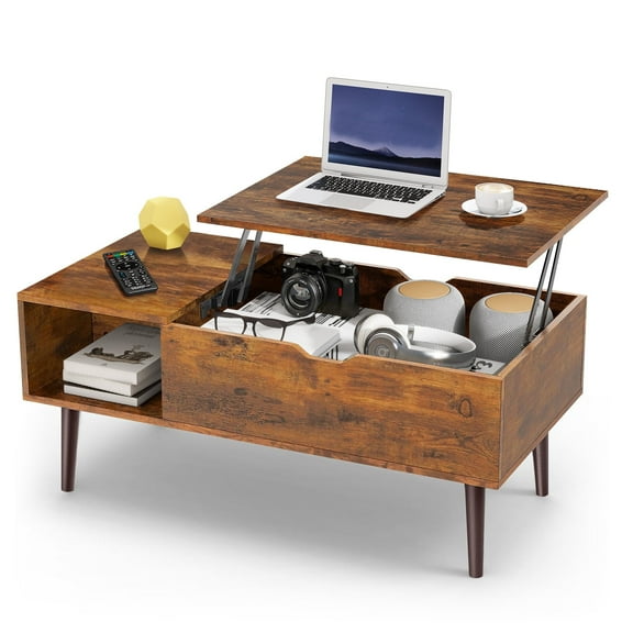 LIFERECORD Lift Top Coffee Table with Hidden Compartment, Wooden Center Tables with Storage Shelf for Living Room, Reception Room, Rustic Brown