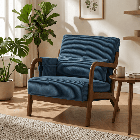 LIFERECORD Mid Century Modern Accent Chair, Reading Chair with Arms and Lumbar Cushion, Comfortable Lounge Chair for Living Room Bedroom, Solid Rubberwood Frame, Blue