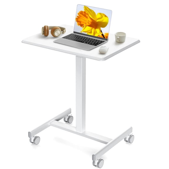 LIFERECORD Mobile Rolling Standing Desk - Height Adjustable Overbed Table with Wheels, Laptop Computer Cart for Home Office & Classroom, White