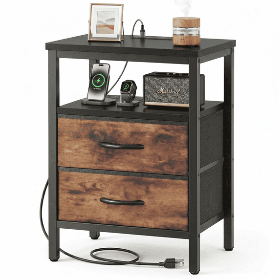 LIFERECORD Night Stand with 2 Fabric Drawers, Nightstand with Charging Station, End Tables with Storage Shelf for Small Spaces, Bedside Table Side Tables for Bedroom, Black & Brown
