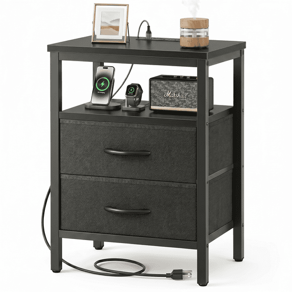 LIFERECORD Night Stand with 2 Fabric Drawers, Nightstand with Charging Station, End Tables with Storage Shelf for Small Spaces, Bedside Table Side Tables for Bedroom, Black