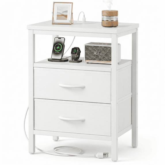 LIFERECORD Night Stand with 2 Fabric Drawers, Nightstand with Charging Station, End Tables with Storage Shelf for Small Spaces, Bedside Table Side Tables for Bedroom, White
