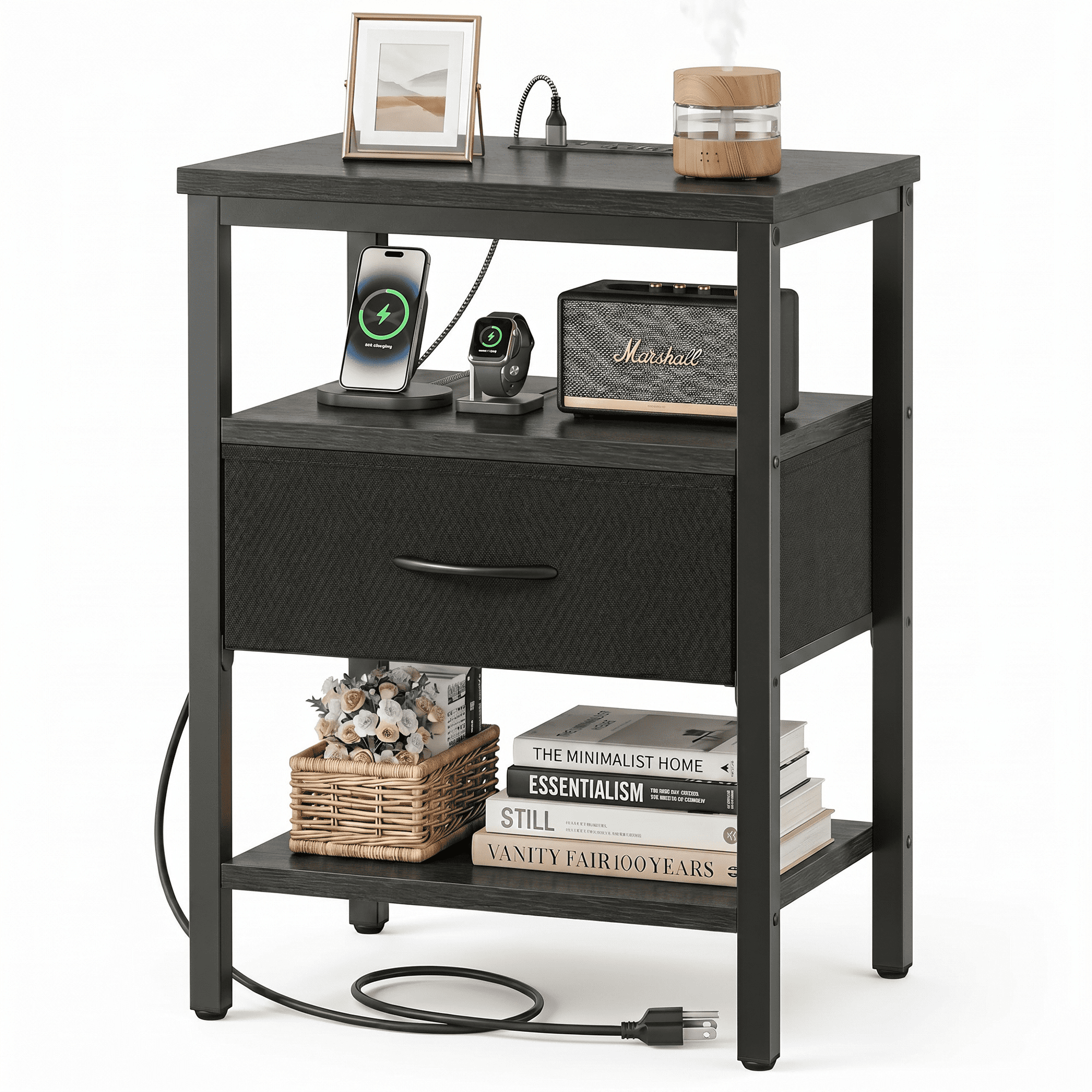 LIFERECORD Night Stand with Fabric Drawer, Nightstand with Charging Station, End Tables with Storage Shelf for Small Spaces, Bedside Table Side Tables for Bedroom, Black
