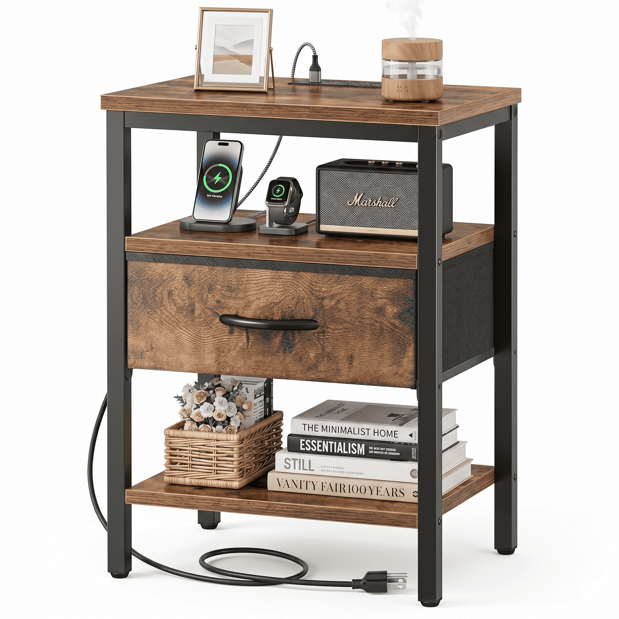 LIFERECORD Night Stand with Fabric Drawer, Nightstand with Charging Station, End Tables with Storage Shelf for Small Spaces, Bedside Table Side Tables for Bedroom, Rustic Brown
