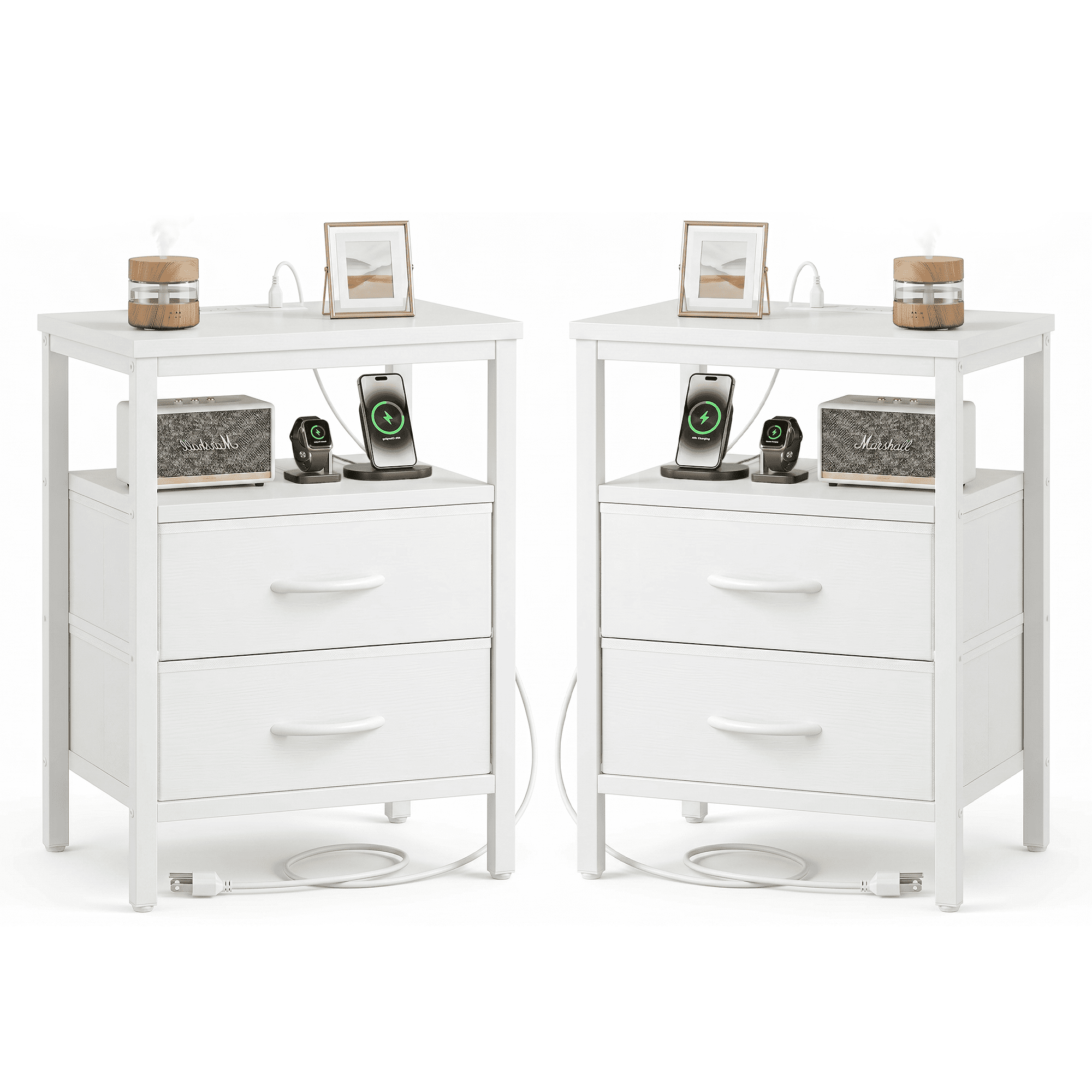 LIFERECORD Nightstand Set of 2 with 2 Fabric Drawers, Nightstand with Charging Station, End Tables with Storage Shelf for Small Spaces, Bedside Table Side Tables for Bedroom, White