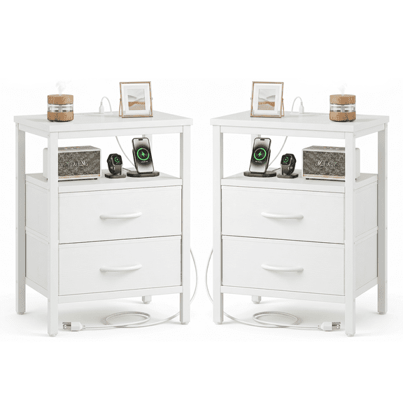 LIFERECORD Nightstand Set of 2 with 2 Fabric Drawers, Nightstand with Charging Station, End Tables with Storage Shelf for Small Spaces, Bedside Table Side Tables for Bedroom, White