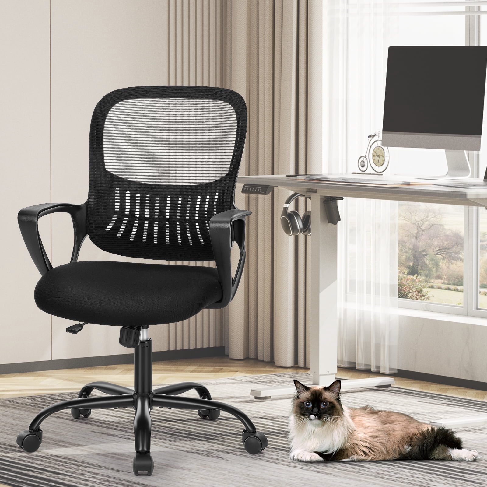 LIFERECORD Office Desk Chair Mesh Ergonomic Computer Gaming Chair Mid Back Chair with Comfy Lumbar Support Adjustable Height Swivel for Home Task, Black