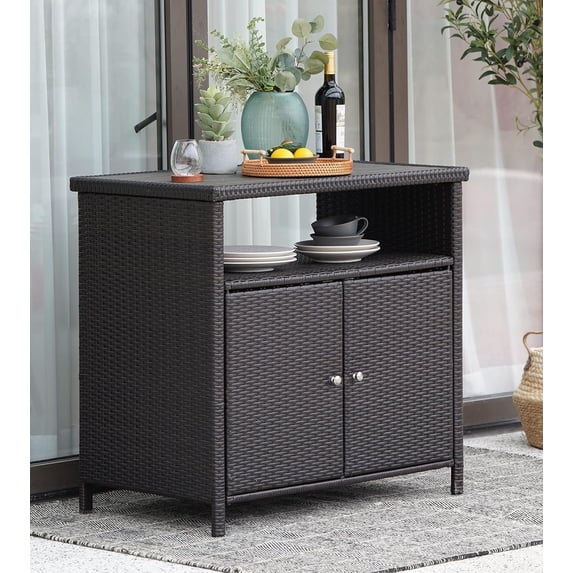 LIFERECORD Outdoor Waterproof Wicker Storage Cabinet, 2-Door Buffet Sideboard with Shelves, Rust-Proof Steel Frame, Patio Bar Table for Garden/Kitchen