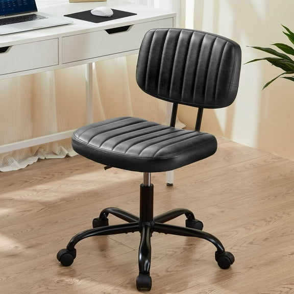 LIFERECORD PU Leather Armless Home Office Desk Chair, Small Ergonomic Task Chair for Adults and Students, Low Back Seating with Swivel, Adjustable Height, Rolling Wheels, Black