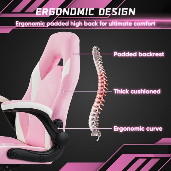 LIFERECORD PU Leather Computer Gaming Desk Chair Ergonomic Adjustable Swivel Racing Chair with Flip-up Armrest Pink White
