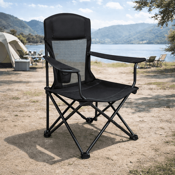 LIFERECORD Portable Camping Chair with Cup Holder & Side Pocket, Lightweight Folding Outdoor Chair for Beach, Fishing, Picnic, Heavy Duty 225LBS Capacity, Black