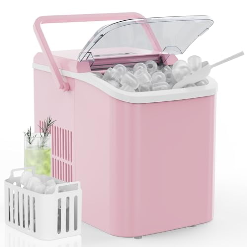 LIFERECORD Portable Ice Maker Countertop with Handle, 6 Mins for 9 Bullet Ice, 26lbs/24H, Self-Cleaning Compact Ice Machine for Home, Kitchen, Camping & Parties, Pink