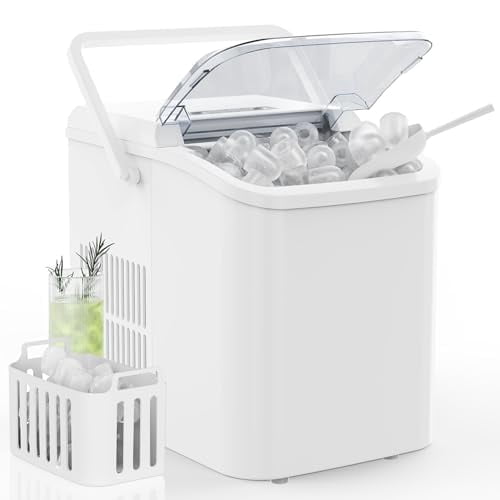 LIFERECORD Portable Ice Maker Countertop with Handle, 6 Mins for 9 Bullet Ice, 26lbs/24H, Self-Cleaning Compact Ice Machine for Home, Kitchen, Camping & Parties, White