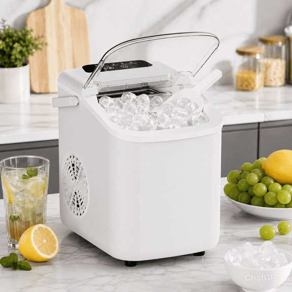 LIFERECORD Portable Ice Maker Countertop with Handle, 6 Mins for 9 Bullet Ice, 26lbs/24H, Self-Cleaning Compact Ice Machine for Home, Kitchen, Camping & Parties, White