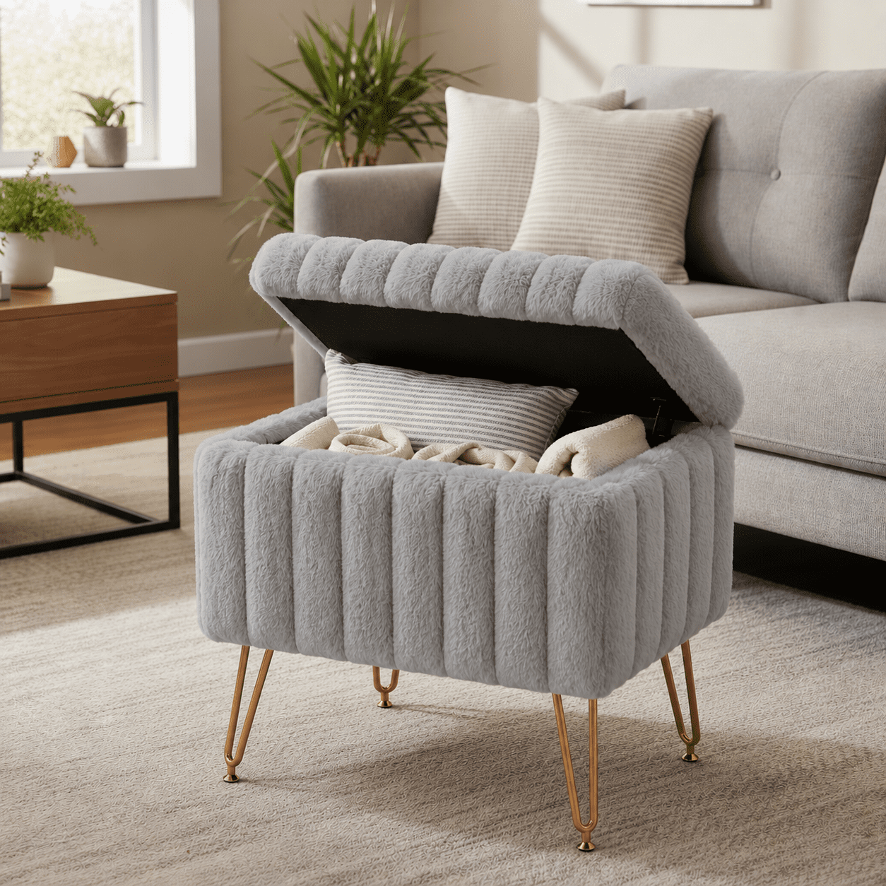 LIFERECORD Small Ottoman with Storage, Vanity Stool with Storage for Bedroom, Ottoman Coffee Table,Small Velvet Foot Stool for Living Room, Grey