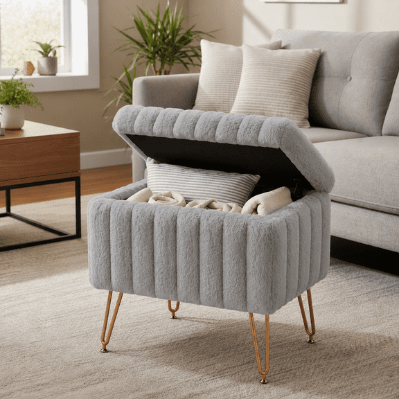 LIFERECORD Small Ottoman with Storage, Vanity Stool with Storage for Bedroom, Ottoman Coffee Table,Small Velvet Foot Stool for Living Room, Grey
