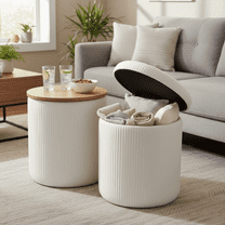 LIFERECORD Round Ottoman with Storage Set of 2, Vanity Stool with Storage for Bedroom, Ottoman Coffee Table,Small Velvet Foot Stool for Living Room, White